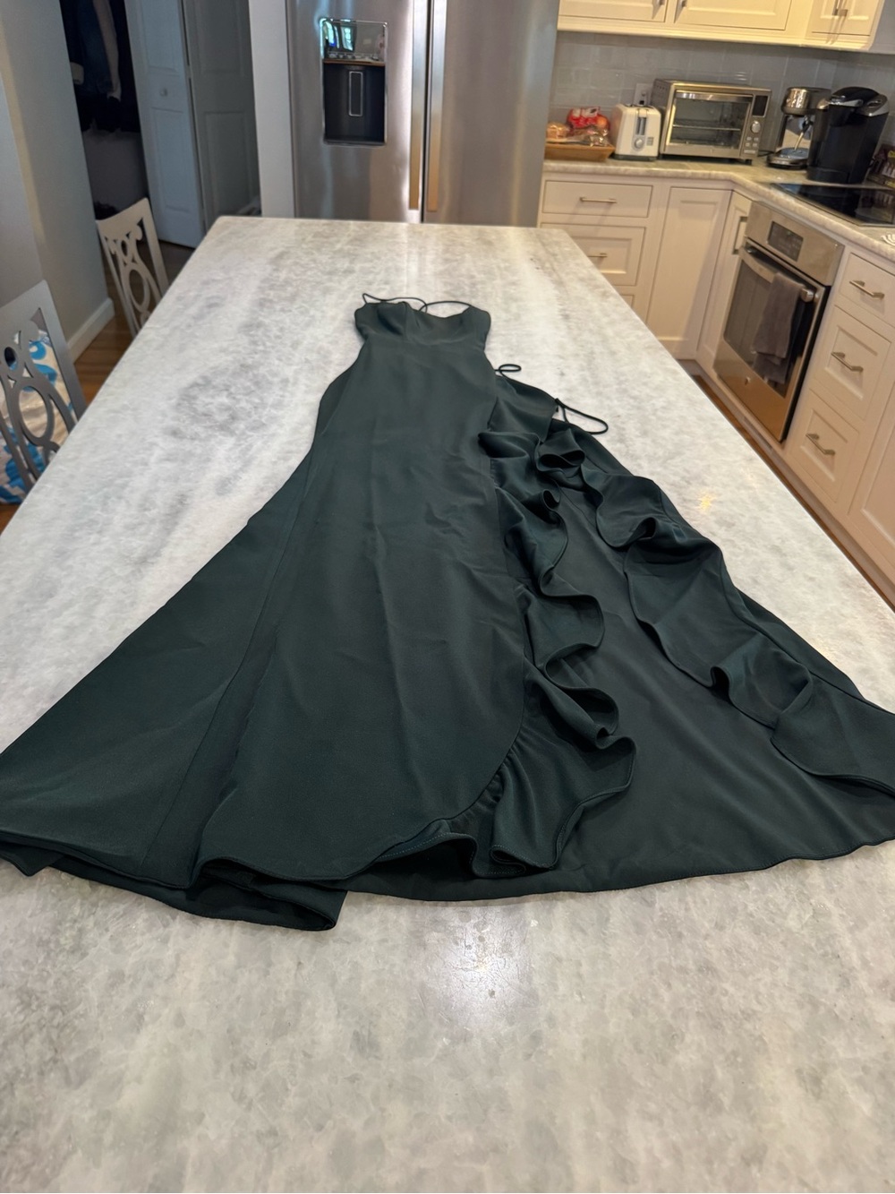 La Femme Dark Green Ruffle-Side Maxi Dress prom, elegant nights